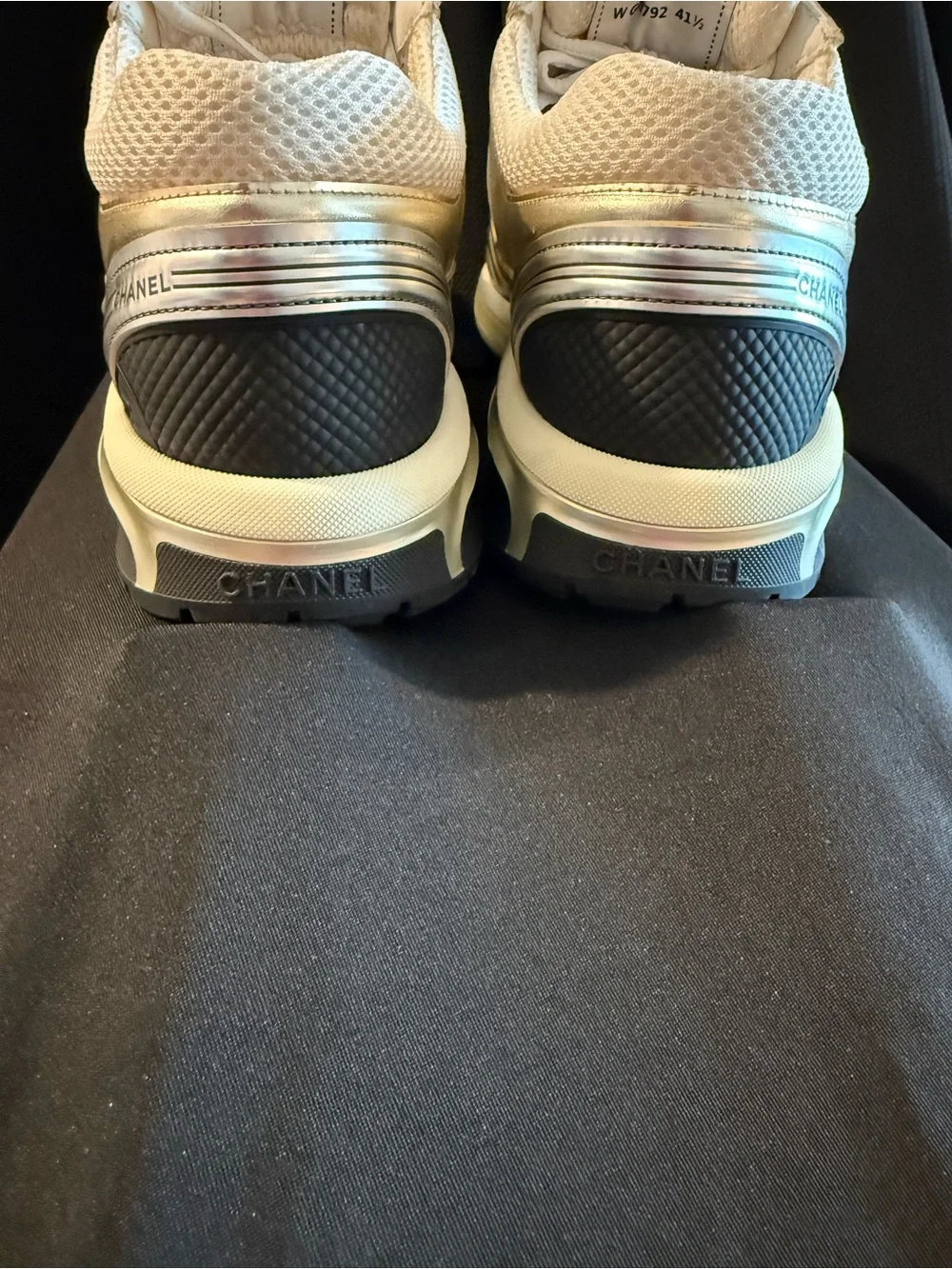 CHANEL Women’s White and Gold Metallic Lace-Up Sneakers